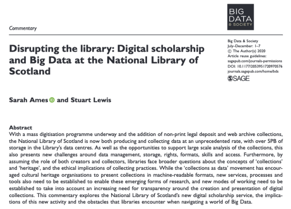 Disrupting the library: Digital scholarship and Big Data at the National Library of Scotland