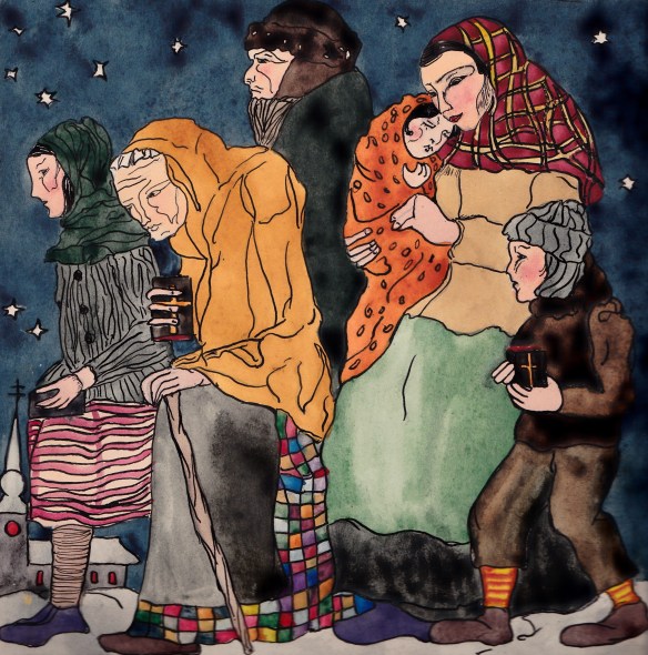 watercolour, painting, picture, refugees